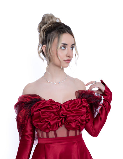 Rochie Burgundi Accent Full Set: Corset & Fustă cu trenă &  Manusi & Voal