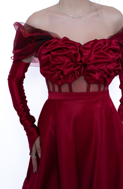 Rochie Burgundi Accent Full Set: Corset & Fustă cu trenă &  Manusi & Voal