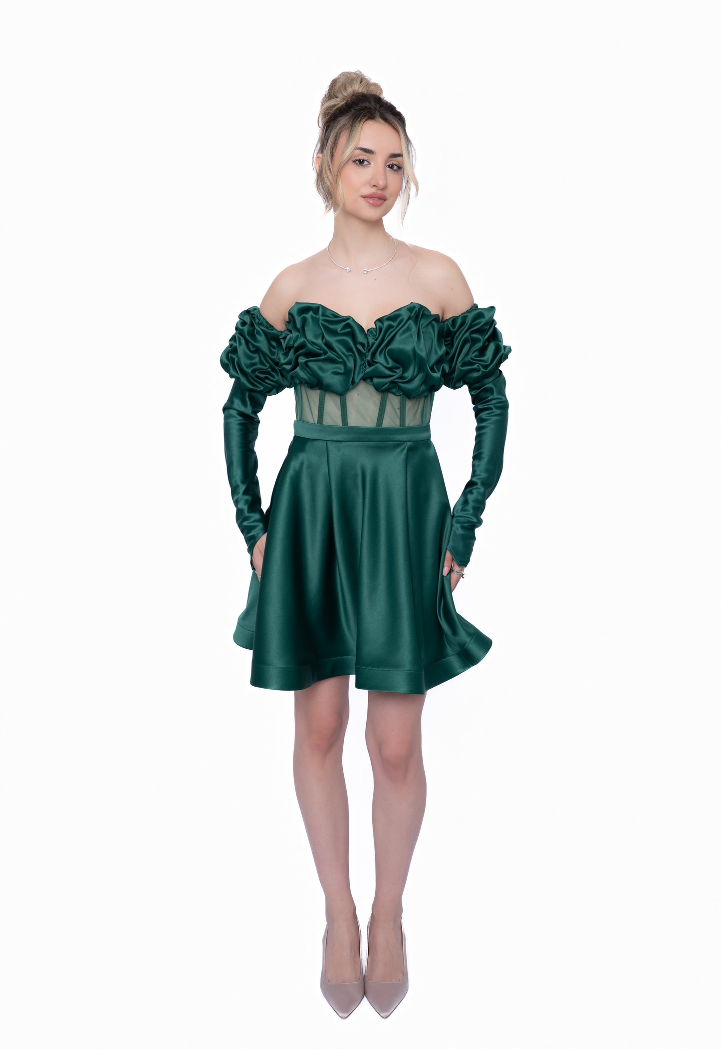 Rochie Verde Smarald Signature Total Look : Corset & Fustă scurtă & maneca