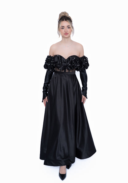 Rochie Neagră Signature Total Look : Corset & Fustă lungă & maneca