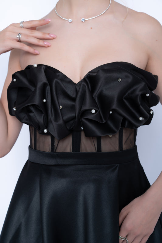 Corset LILA cu drapaj cusut manual și tulle transparent în talie negru cu aplicatii