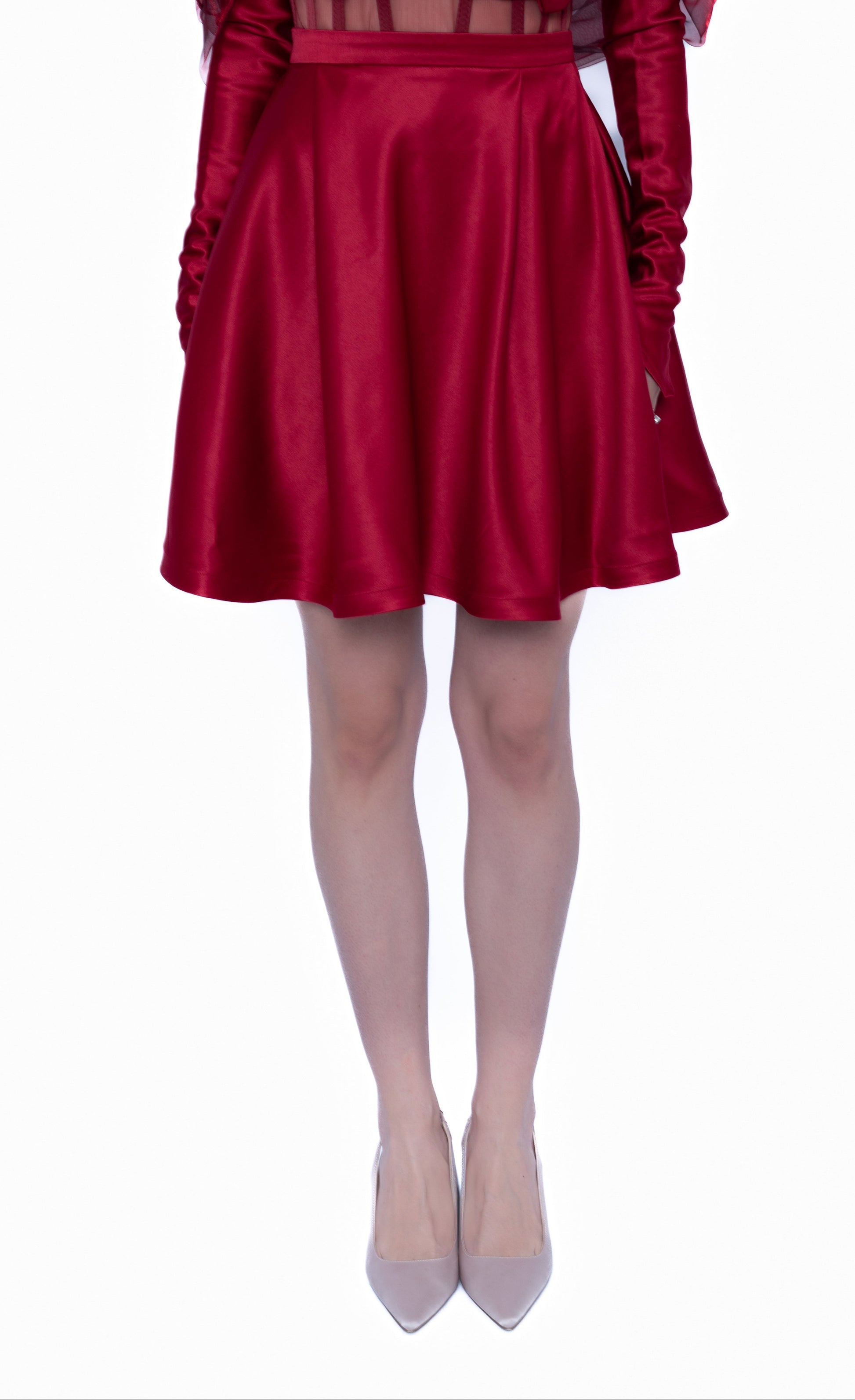 Fustă mini de culoare burgundi LILA, design modular din taftă premium.