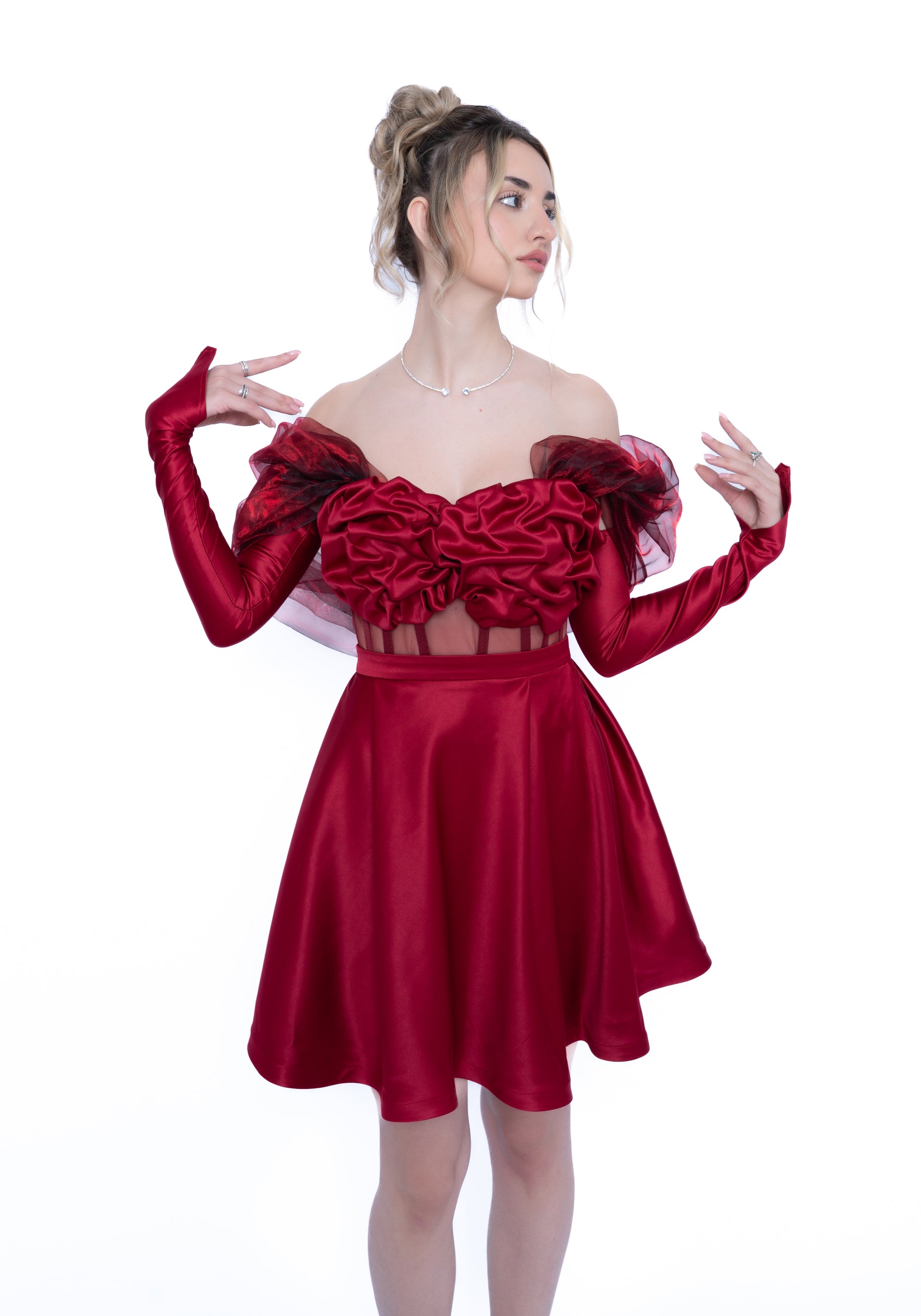 Fustă mini de culoare burgundi LILA, design modular din taftă premium.