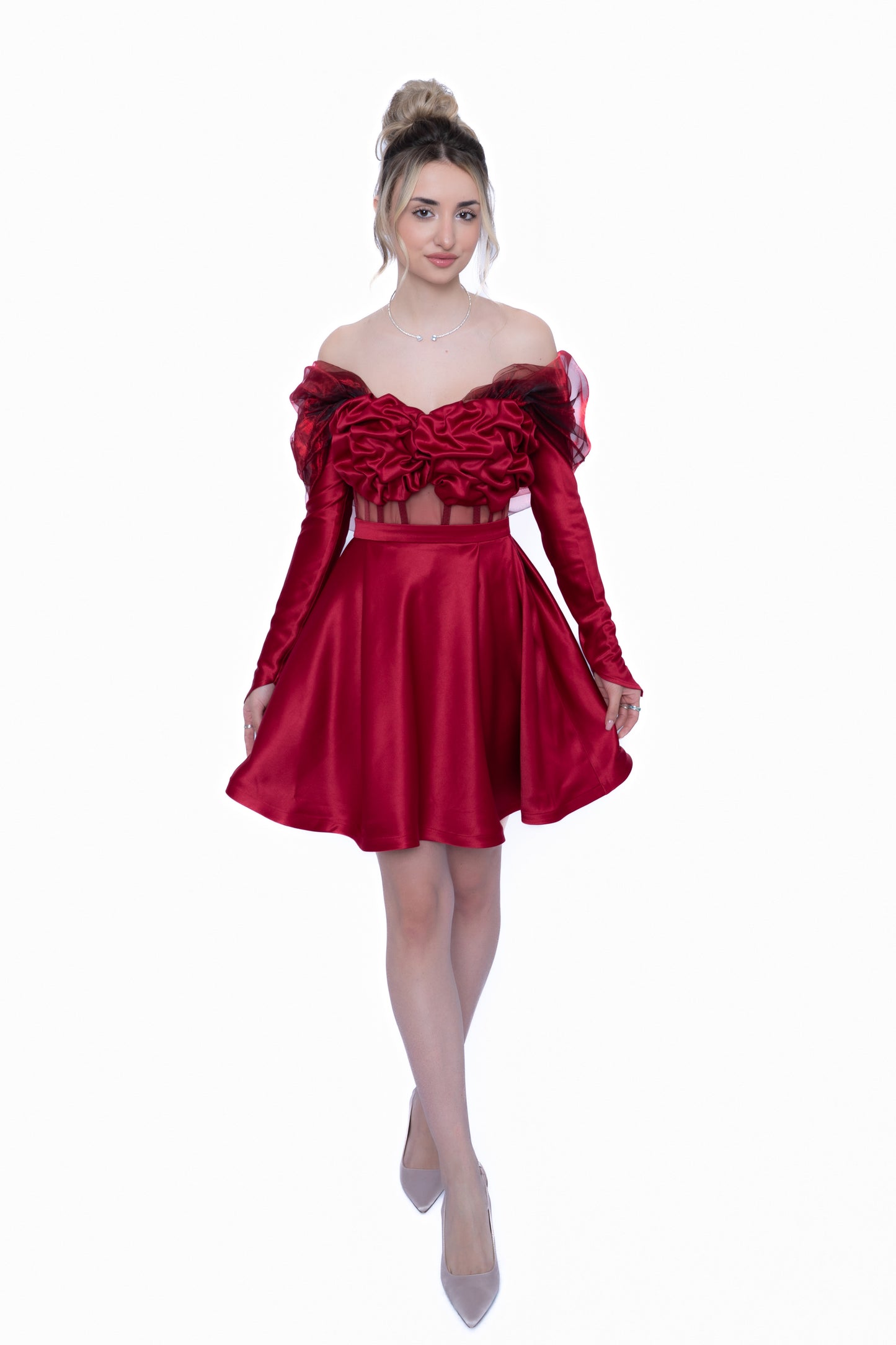 Fustă mini de culoare burgundi LILA, design modular din taftă premium.