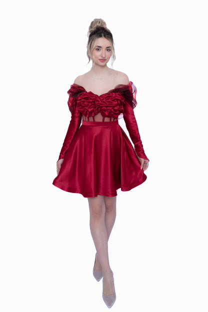 Fustă mini de culoare burgundi LILA, design modular din taftă premium.