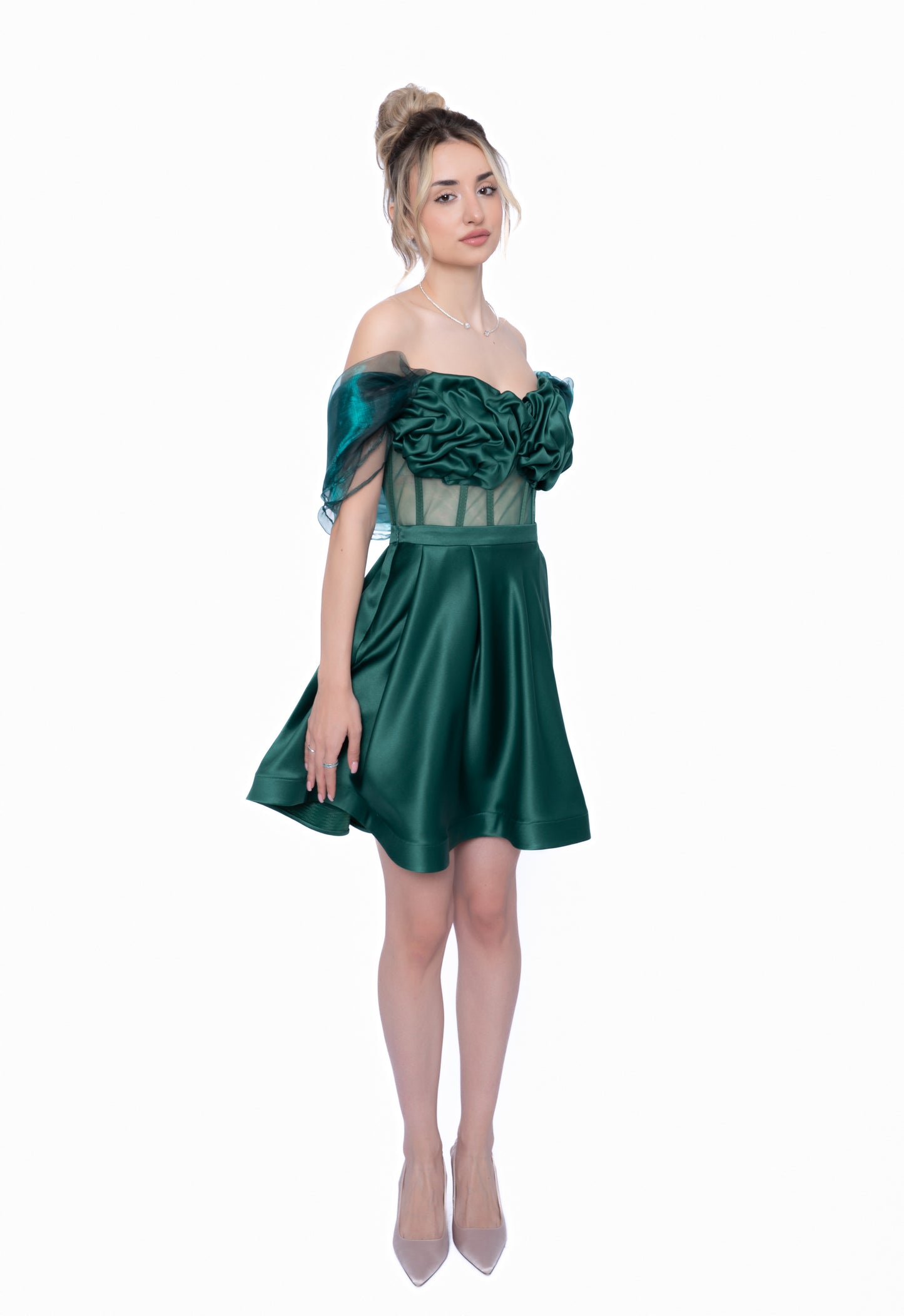 Fustă mini de culoare verde smaraldt LILA, design modular din taftă premium.