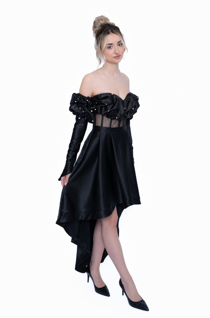 Fustă cu trenă  de culoare neagra LILA, design modular din taftă premium.