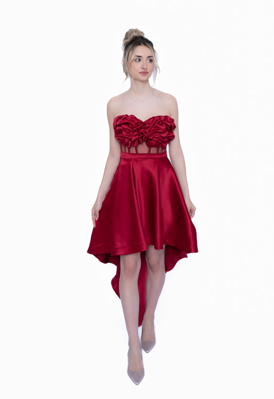 Set Corset cu Fustă cu trenă  de culoare burgundi LILA,  din taftă premium.