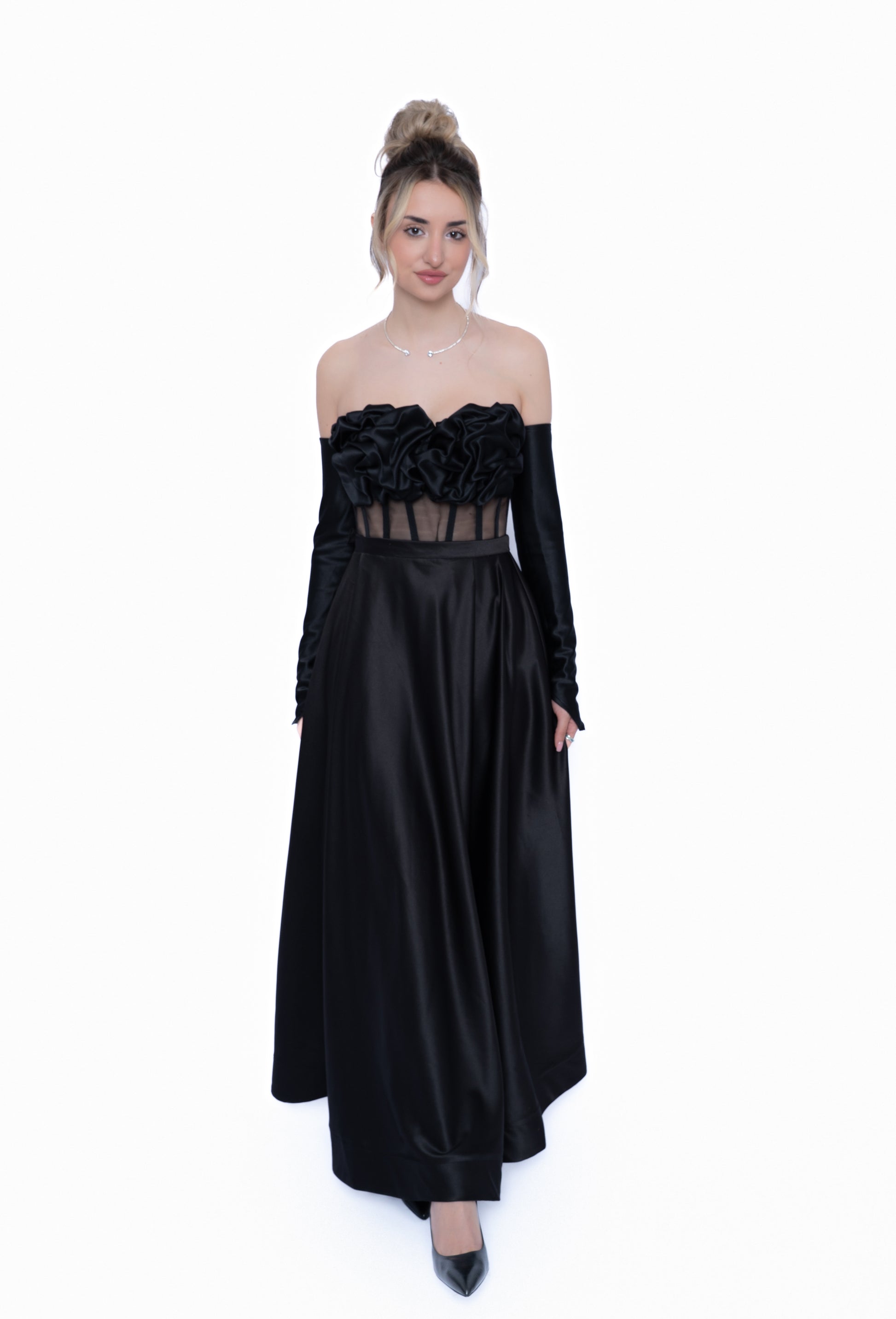 Set Fustă lunga de culoare negru LILA, din taftă premium cu manusi