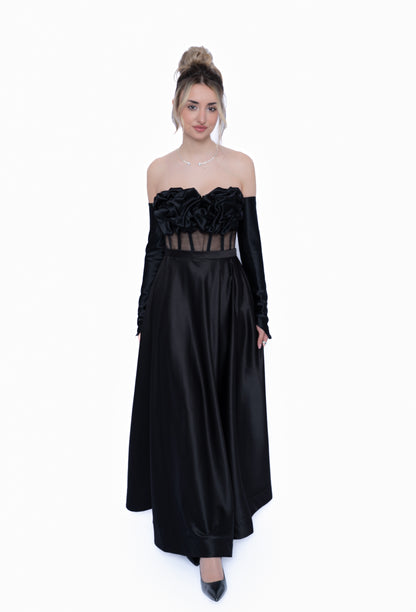 Set Fustă lunga de culoare negru LILA, din taftă premium cu manusi