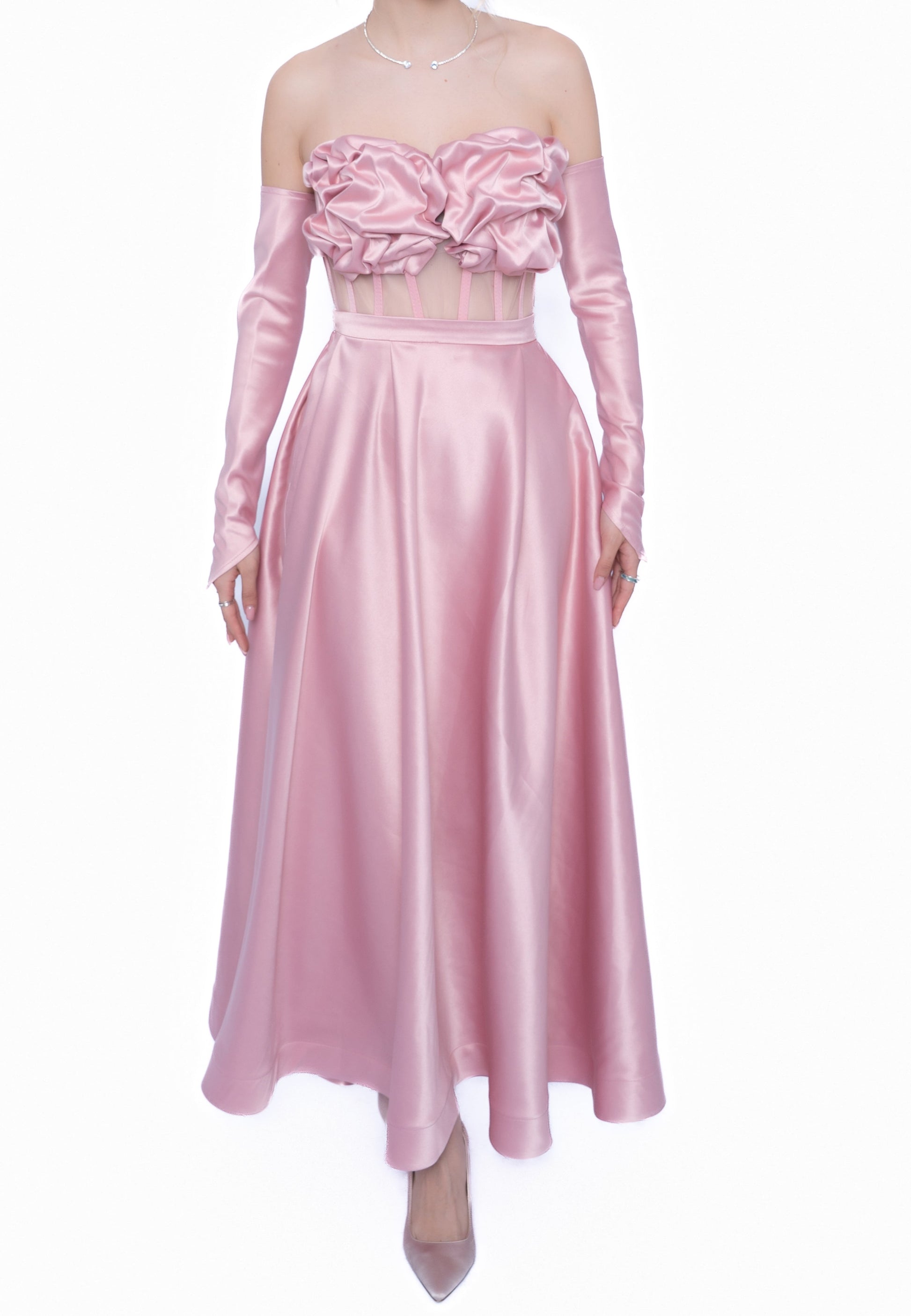 Set corset cu Fustă lunga de culoare roz deschis LILA, din taftă premium.
