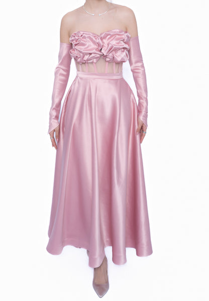 Set corset cu Fustă lunga de culoare roz deschis LILA, din taftă premium.