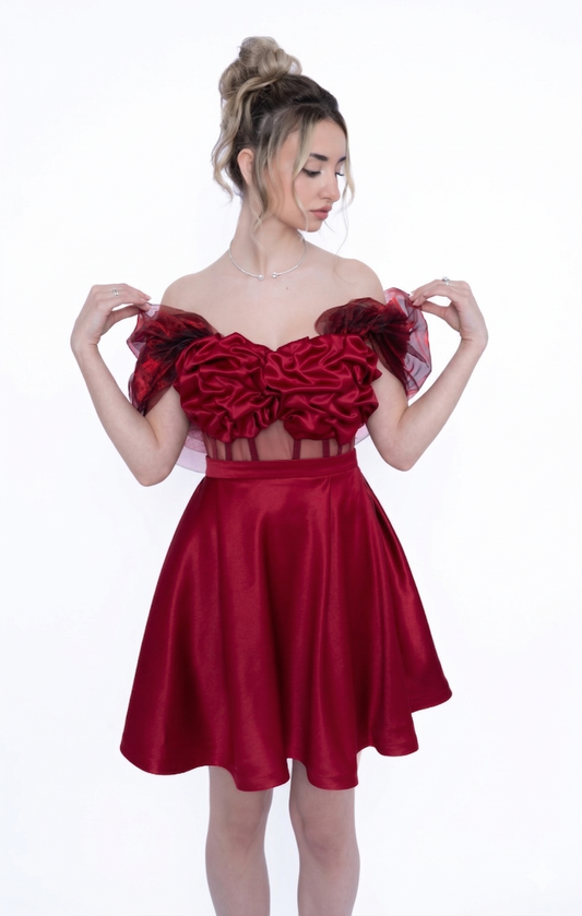 Rochie Burgundi Accent Set: Corset, Fustă scurtă & Accesoriu