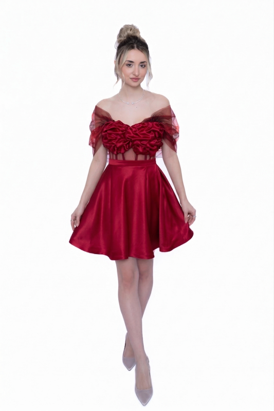 Rochie Burgundi Accent Set: Corset, Fustă scurtă & Accesoriu