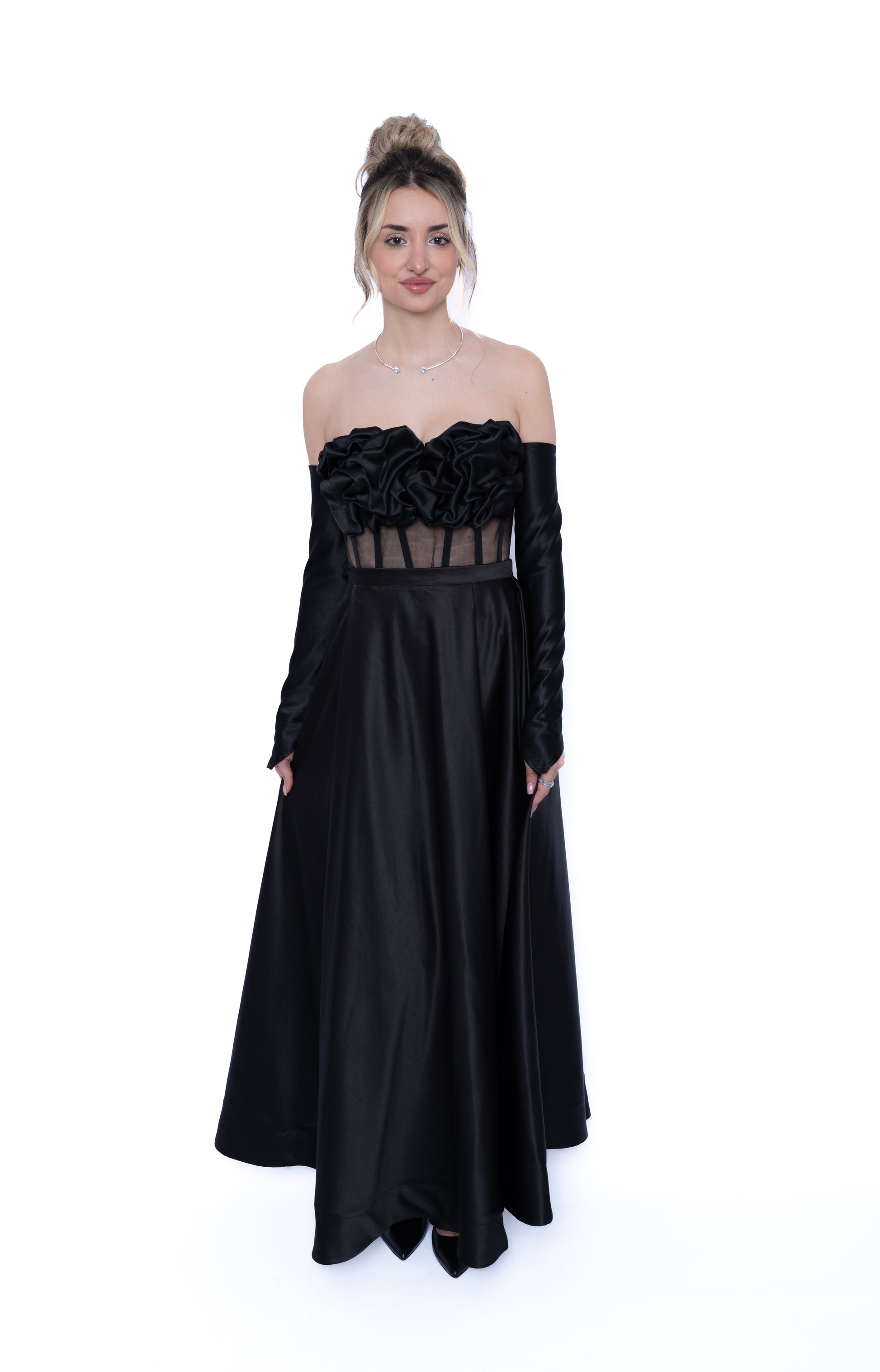 Mănuși lungi din tafta premium culoare negru, accesoriu elegant de seară creat de LILA.