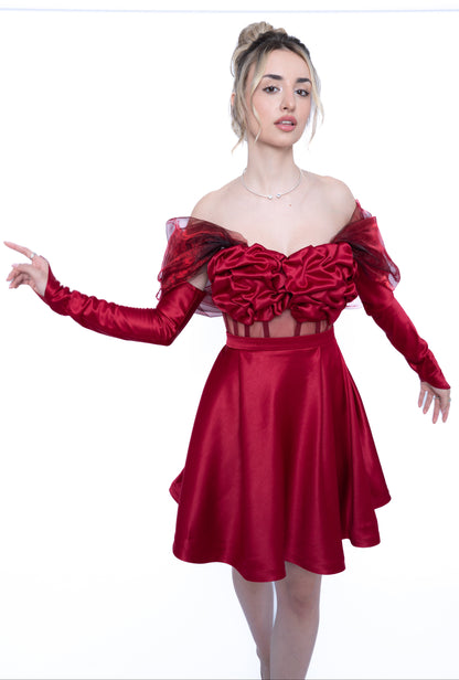 Mănuși lungi din tafta premium culoare  roșu burgundi, accesoriu elegant de seară creat de LILA.