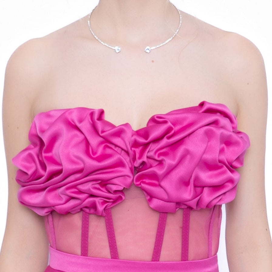 Corset LILA cu drapaj cusut manual și tulle transparent în talie fuscia
