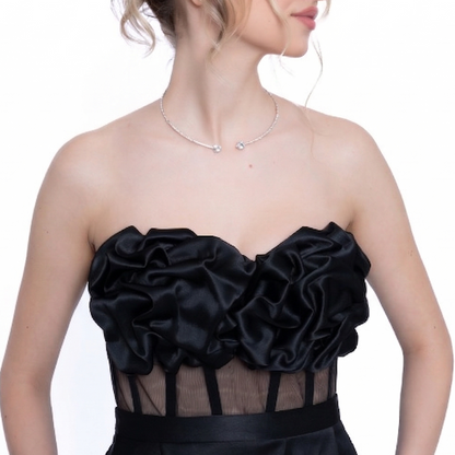 Corset LILA cu drapaj cusut manual și tulle transparent în talie negru