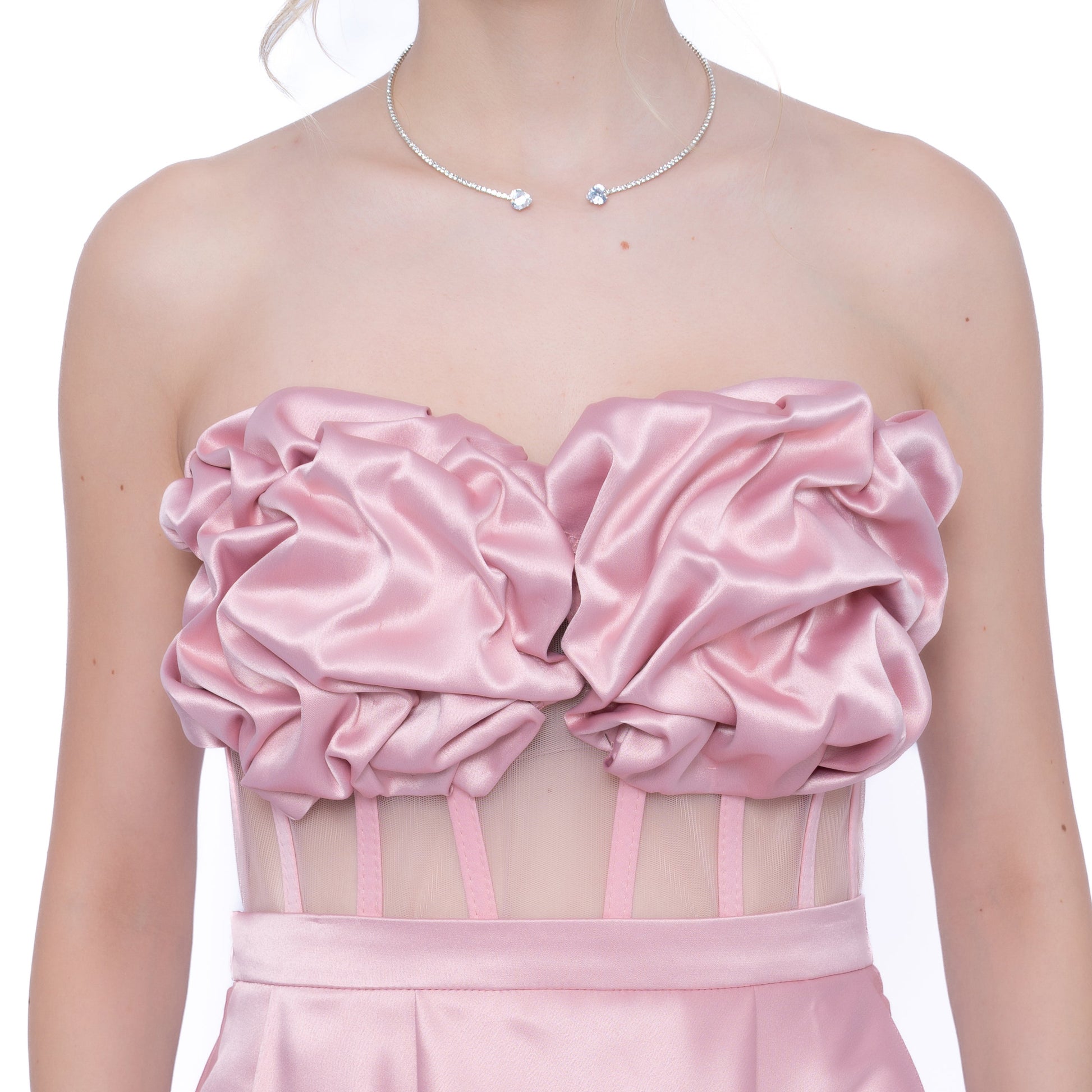 Corset LILA cu drapaj cusut manual și tulle transparent în talie roz deschis
