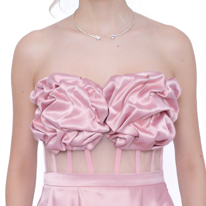 Corset LILA cu drapaj cusut manual și tulle transparent în talie roz deschis
