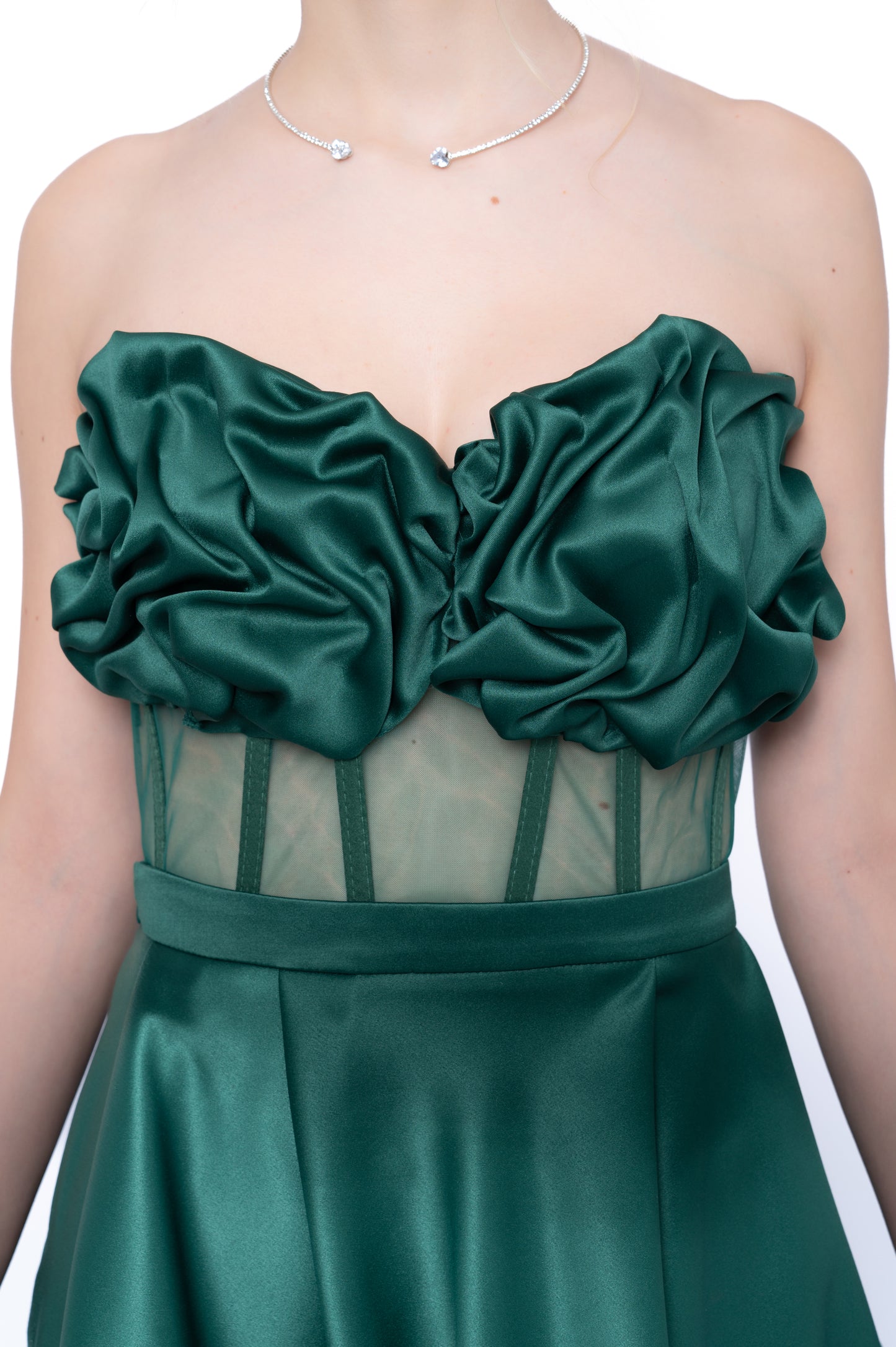 Corset LILA cu drapaj cusut manual și tulle transparent în talie verde smarald