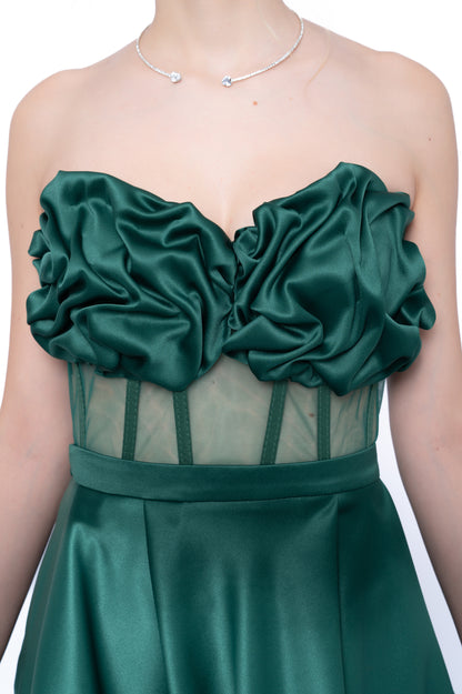 Corset LILA cu drapaj cusut manual și tulle transparent în talie verde smarald