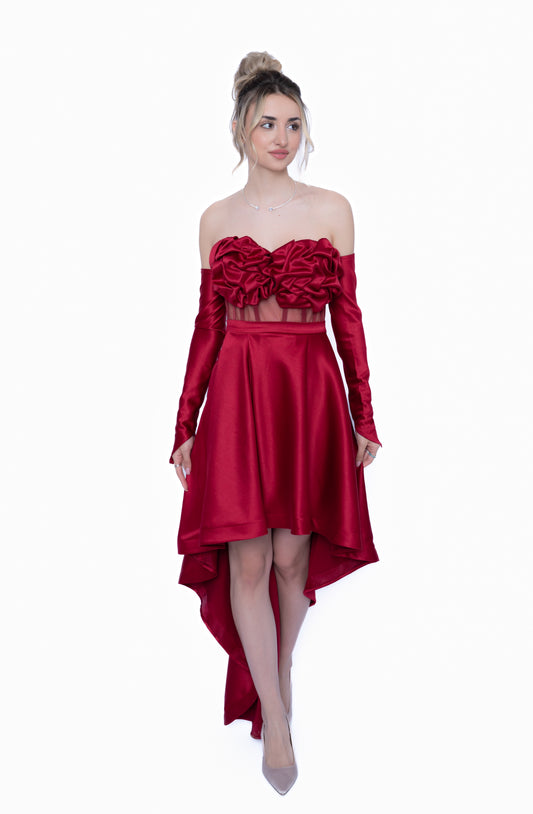 rochie burgundi corset si fusta cu trena si manusi 