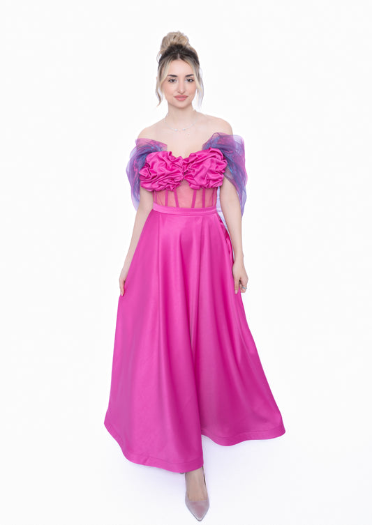 rochie roz cu corset fusta lunga si voal detasabil 
