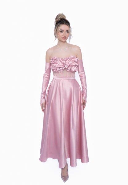 rochie lunga roz cu manusi