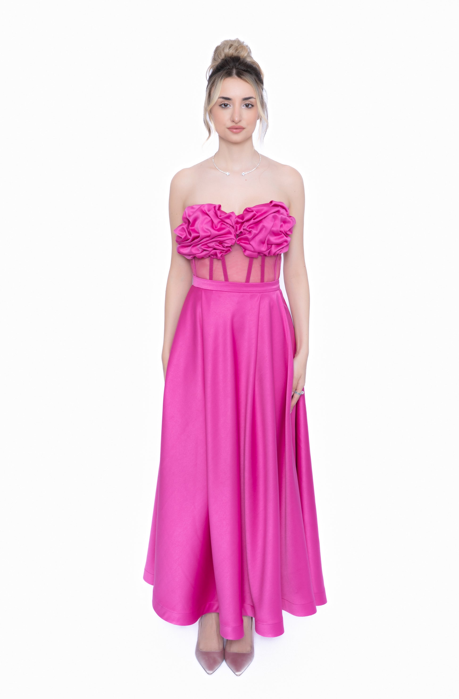 rochie lunga  roz fucsia cu corset 