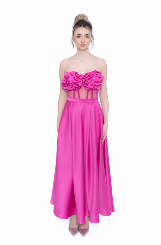 rochie lunga  roz fucsia cu corset 
