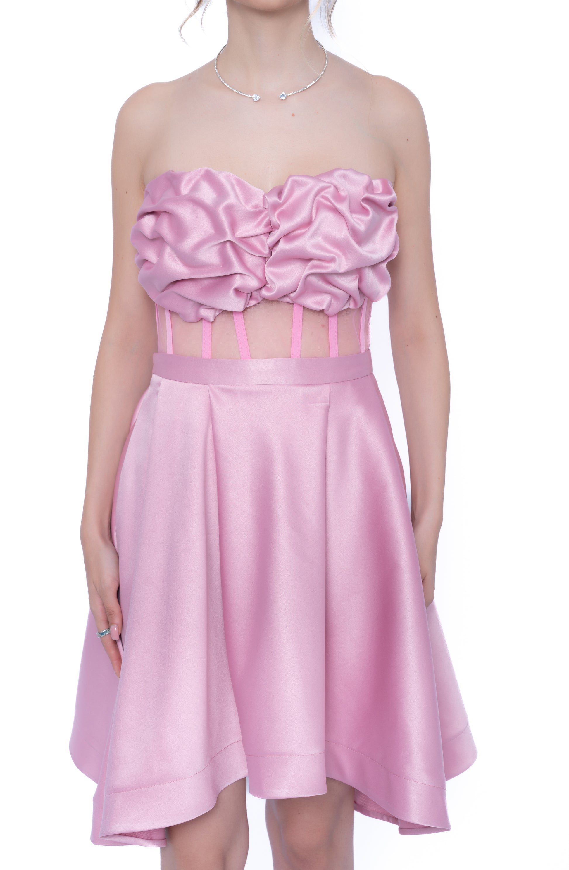rochie cu  corset cu drapaj manual și fustă scurta roz 