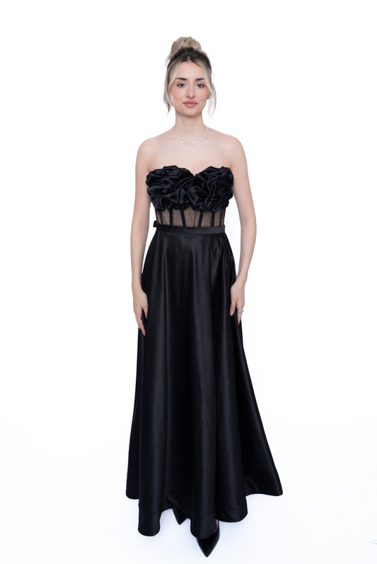 rochie neagra cu corset si fusta lunga