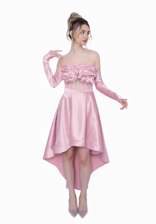 rochie roz cu trena cu manusi detasabile 
