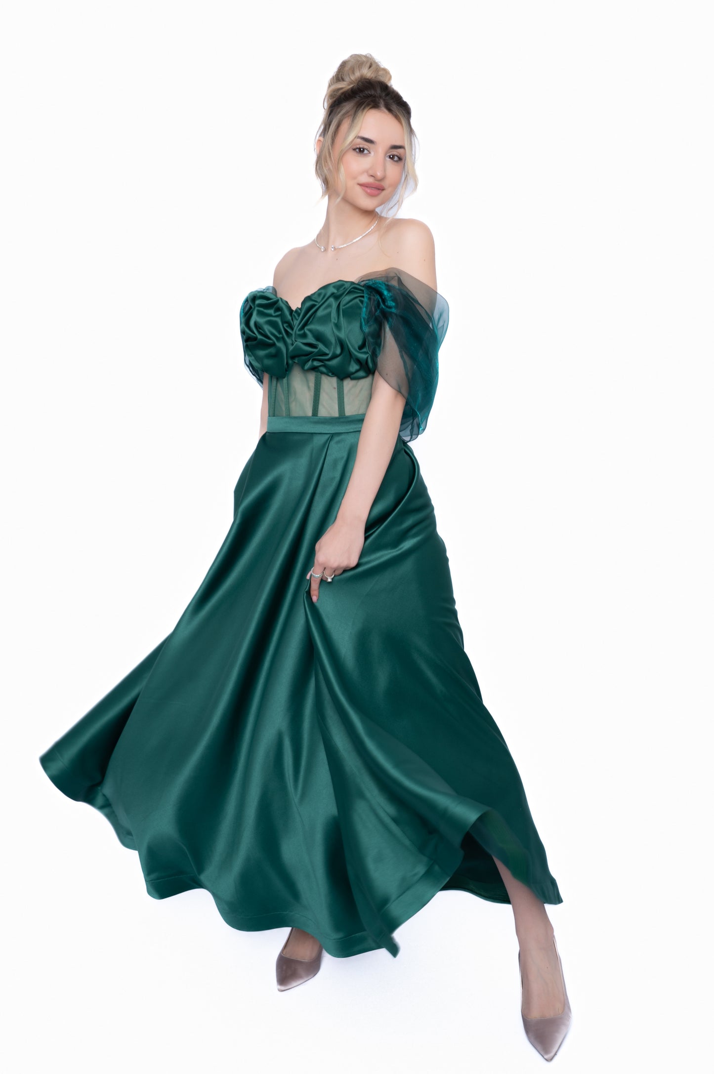 rochie verde smarald cu corset si fusta lunga si coal detasabil 
